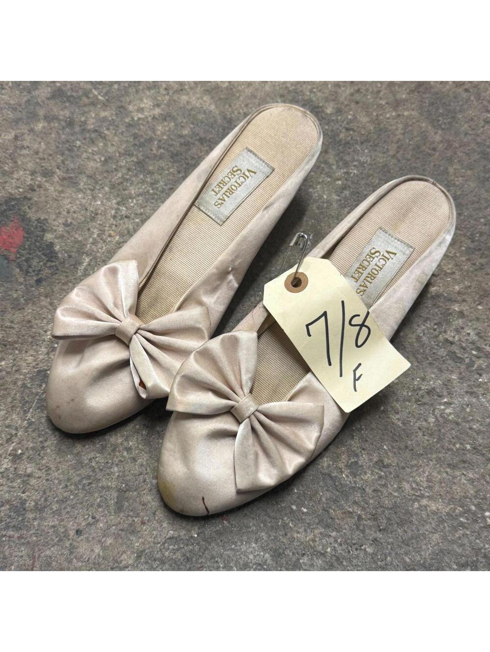Vintage 80s Victorias Secret Gold Label Satin Slippers Champagne Bow Wedge AS-IS